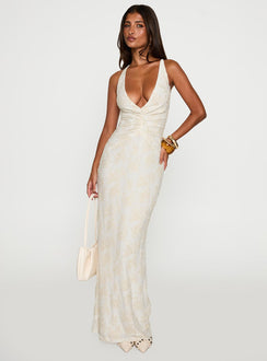 back view of model wearing Princess Polly Starcrossed Halter Maxi Dress Cream Plunger 