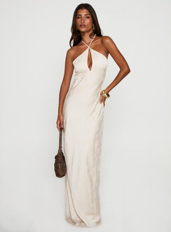 side view of model wearing Princess Polly Limosina Halter Maxi Dress Champagne Plunger 