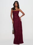 front view of model wearing Princess Polly Celena Maxi Dress Burgundy Cowl Neck 