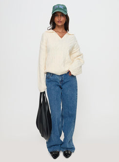 front view of model wearing Princess Polly Brodey Collared Cable Knit Sweater Cream Long 