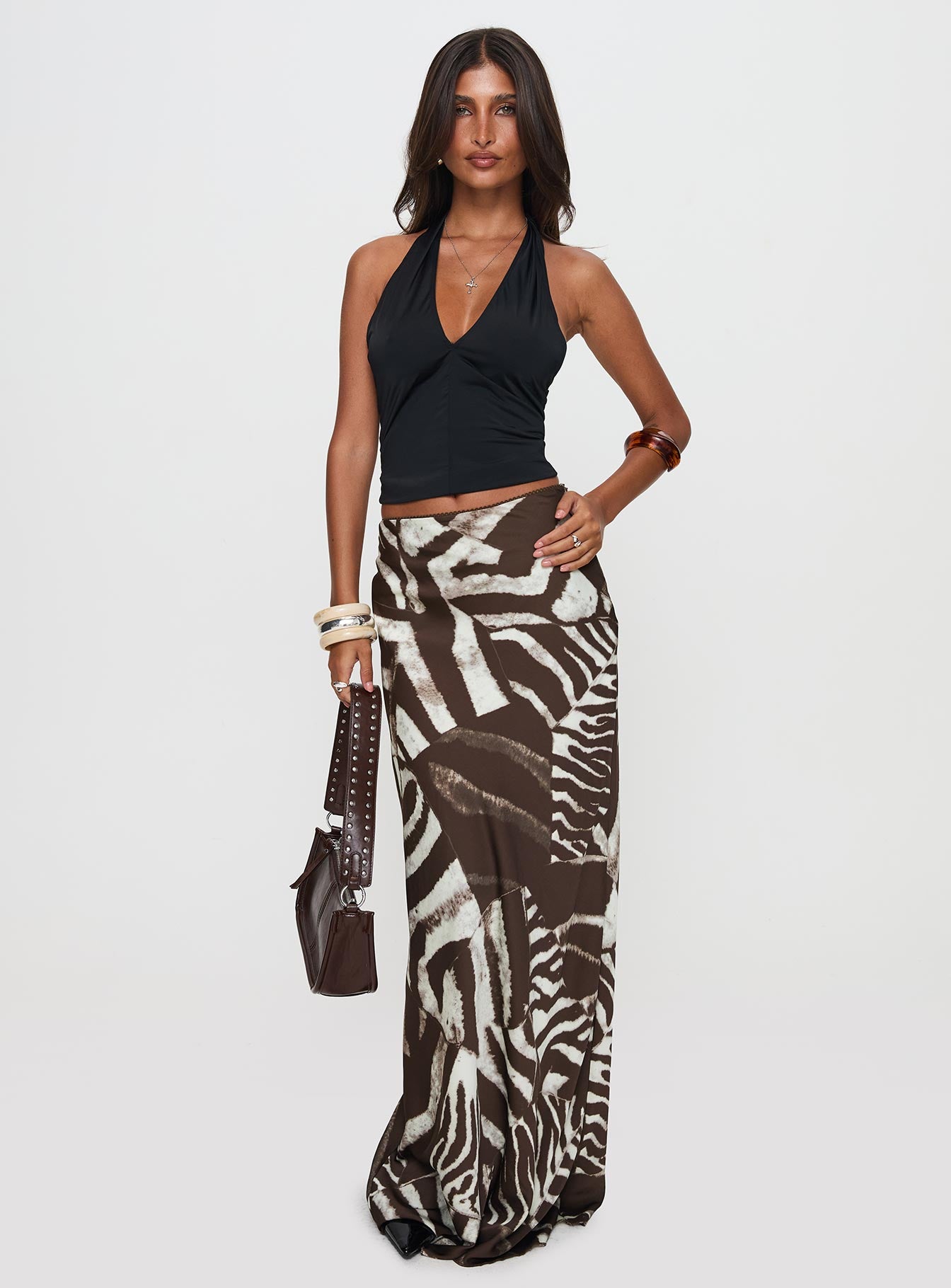   front view of model wearing Princess Polly Rowana Maxi Skirt Multi Maxi 