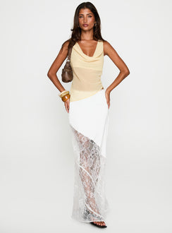  side view of model wearing Princess Polly Castelli Lace Maxi Skirt White Maxi 
