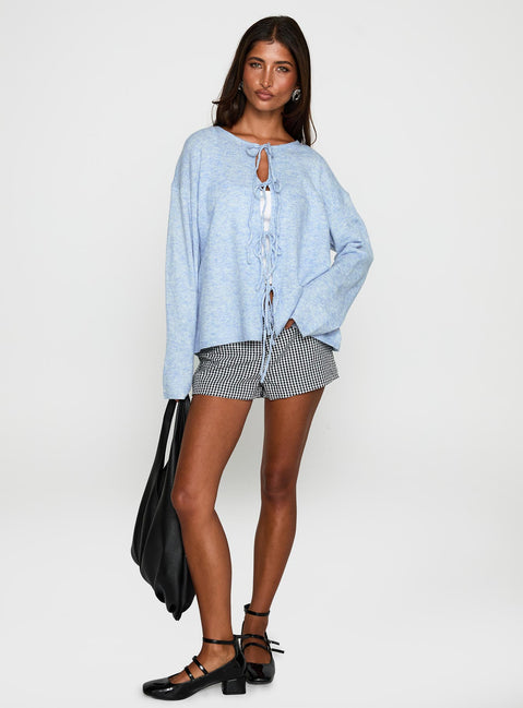 front view of model wearing Princess Polly Frosty Knit Cardigan Blue Long 