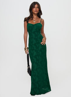 front view of model wearing Princess Polly Ginette Maxi Dress Forest Green Sweetheart Neckline 