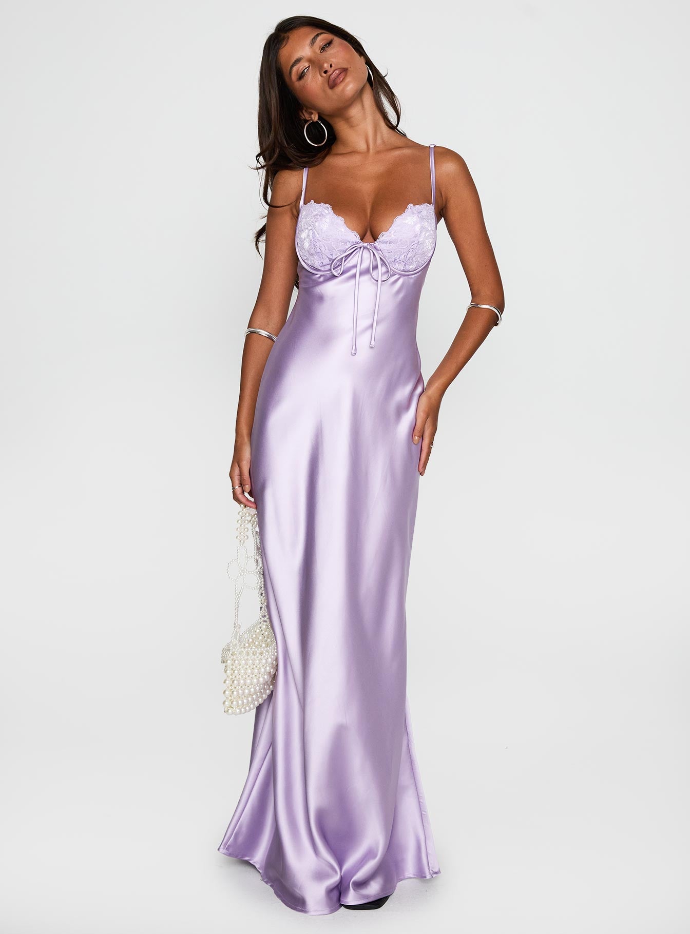 front view of model wearing Princess Polly Fadyen Bias Cut Maxi Dress Lilac Sweetheart Neckline 