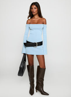 side view of model wearing Princess Polly Parisa Long Sleeve Mini Dress Blue Straight Neck 