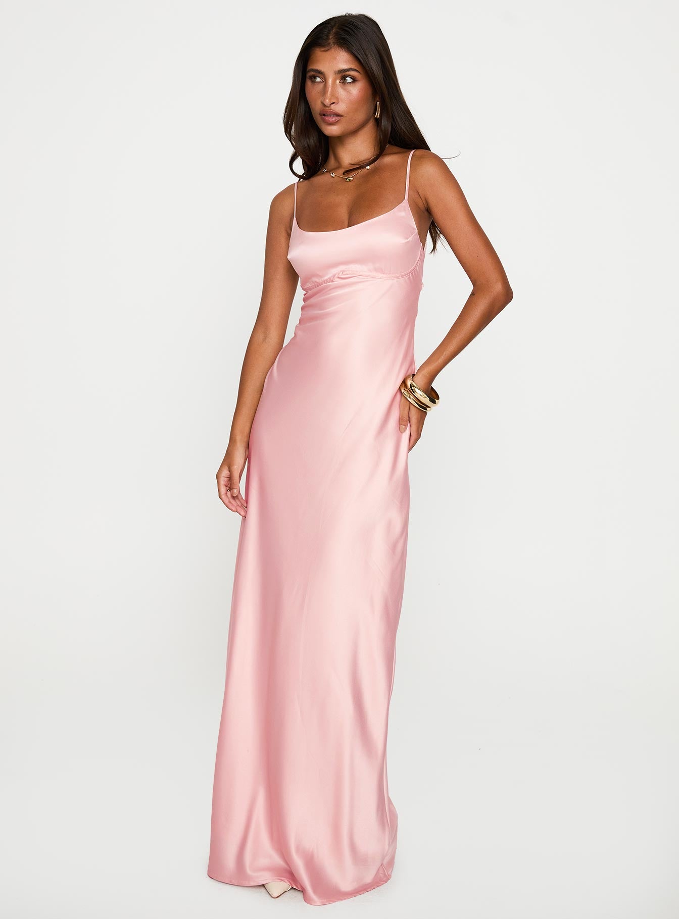 front view of model wearing Princess Polly Ravia Maxi Dress Pink Scoop Neck 