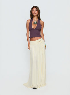   front view of model wearing Princess Polly Velvet Storm Tie Detail Flowy Maxi Skirt Cream Maxi Skirts 