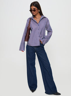 front view of model wearing Princess Polly Trillian Long Sleeve Top Navy Stripe Full Sleeves V-Neck 