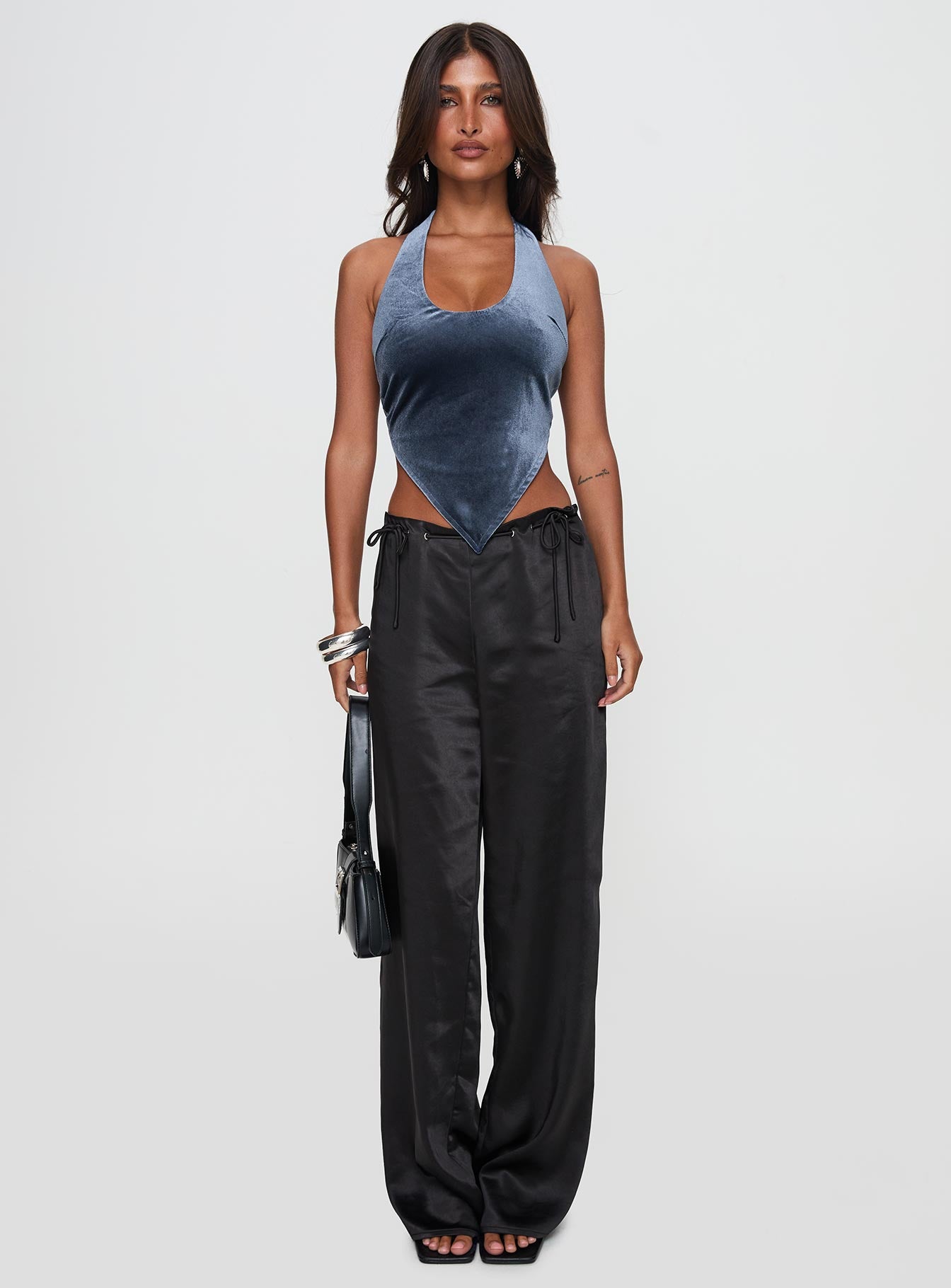 side view of model wearing Princess Polly Seleneah Halter Top Slate Sleeveless Scoop Neck 