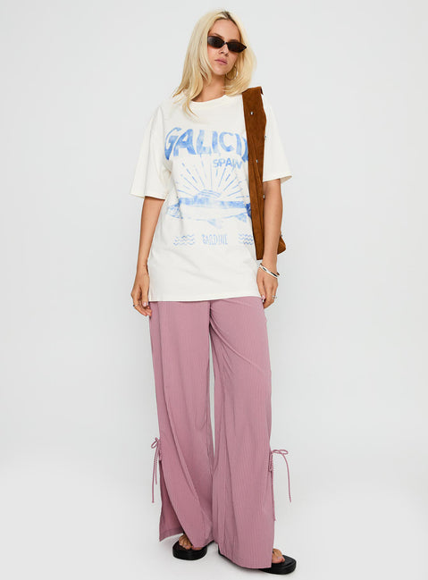 front view of model wearing Princess Polly Galicia Spain Graphic Top White / Blue Half Sleeves Crew Neck 