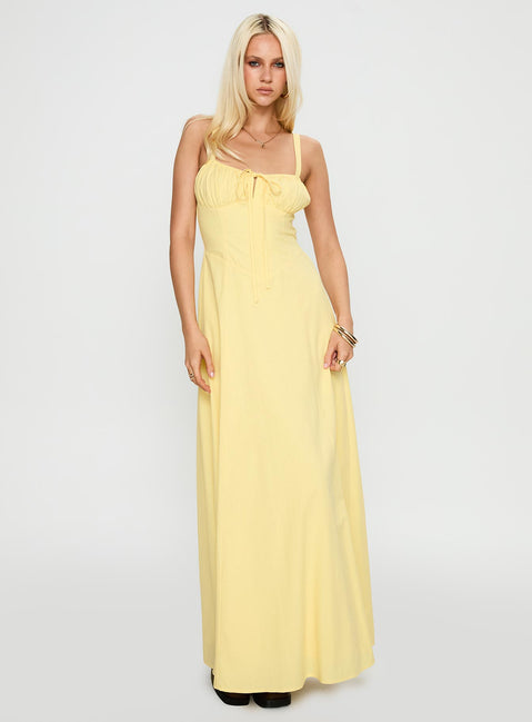 side view of model wearing Princess Polly Leticia Maxi Dress Lemon Sweetheart Neckline 