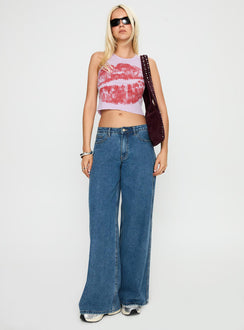 front view of model wearing Princess Polly Kiss Of Love Graphic Top Purple Sleeveless Crew Neck 