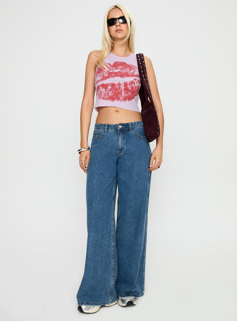 front view of model wearing Princess Polly Kiss Of Love Graphic Top Purple Sleeveless Crew Neck 