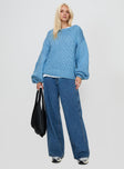 front view of model wearing Princess Polly Arrowtown Hand Knit Sweater Blue Long 