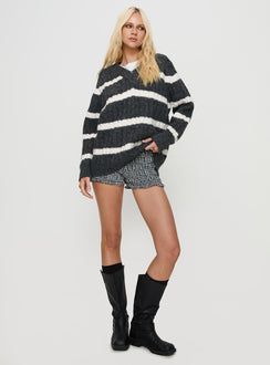 side view of model wearing Princess Polly Percivill Knit Sweater Grey / Cream Long 