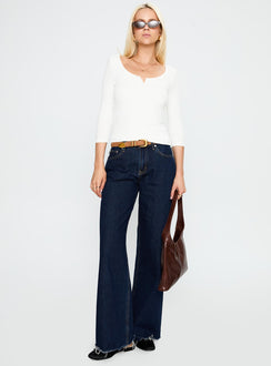 side view of model wearing Princess Polly Desirae 3/4 Sleeve Top White Three Fourth Sleeves Scoop Neck 