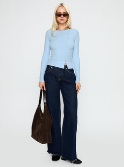 side view of model wearing Princess Polly Passoni Long Sleeve Top Blue Full Sleeves Crew Neck 