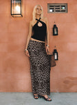   side view of model wearing Princess Polly Ergo Maxi Skirt Leopard Maxi 