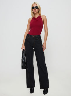 side view of model wearing Princess Polly Imposter Bodysuit Cherry Red Sleeveless Cowl 