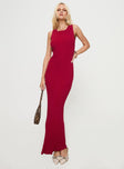 front view of model wearing Princess Polly Mayok Maxi Dress Burgundy Scoop Neck 