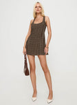 front view of model wearing Princess Polly Serina Polka Mini Dress Brown / White Scoop Neck 