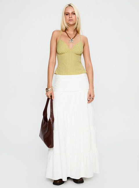   front view of model wearing Princess Polly Snowy River Tiered Maxi Skirt White Maxi 