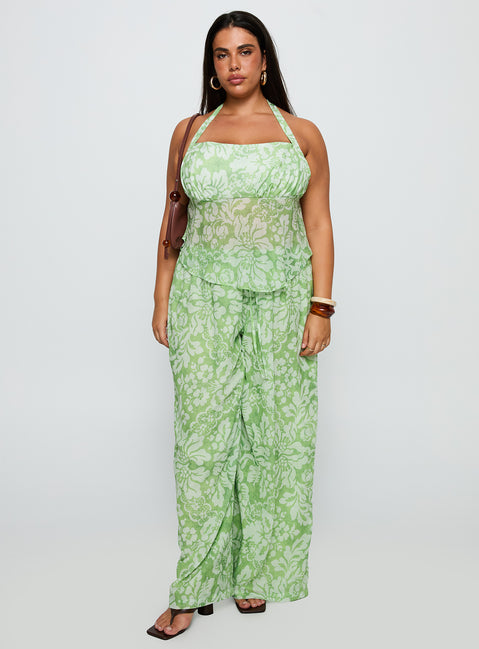 front view of model wearing Princess Polly Finesse Halter Top Green Floral Curve Sleeveless Square Neck 