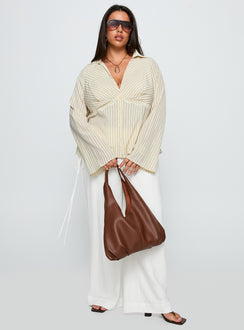 back view of model wearing Princess Polly Life Begins Long Sleeve Lace Trim Top Cream Stripe Curve Full Sleeves Plunger 