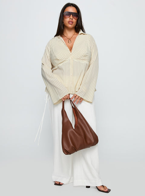 back view of model wearing Princess Polly Life Begins Long Sleeve Lace Trim Top Cream Stripe Curve Full Sleeves Plunger 