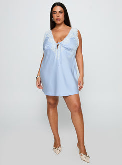 back view of model wearing Princess Polly Nourish Mini Dress Blue Curve Plunger 