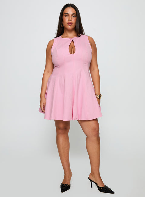 front view of model wearing Princess Polly Precedence Keyhole Mini Dress Pink Curve Crew Neck 