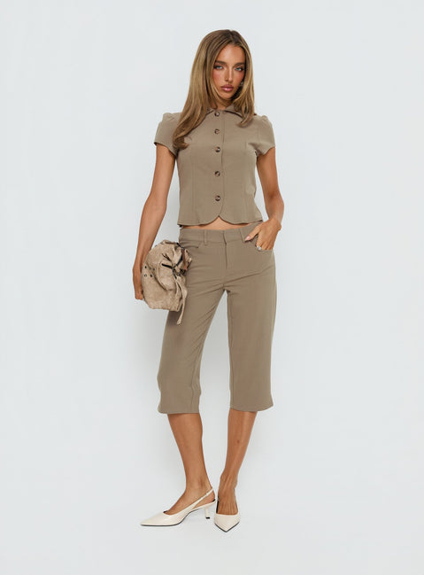 front view of model wearing Princess Polly Tunian Capri Tailored Pants Taupe Mid Rise Pants 