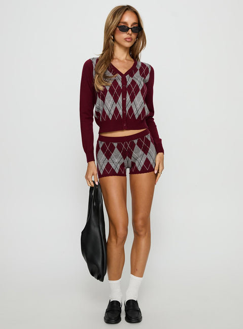 Raiven Knit Shorts Burgundy Argyle
