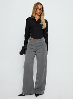 front view of model wearing Princess Polly Jinny Relaxed Buckle Tailored Pants Grey Pinstripe Low Rise Pants 