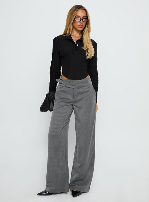 front view of model wearing Princess Polly Jinny Relaxed Buckle Tailored Pants Grey Pinstripe Low Rise Pants 