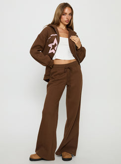 front view of model wearing Princess Polly Princess Polly Stargirl Wide Leg Sweat Pants Brown High Rise Pants 