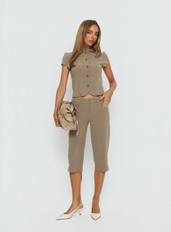 Maorah Button Up Tailored Collared Blouse Top Taupe