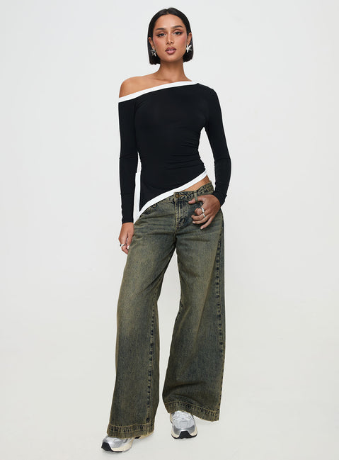 front view of model wearing Princess Polly Fake Smile Long Sleeve Top Black Full Sleeves Asymmetric Neckline 