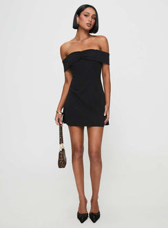 front view of model wearing Princess Polly Lanes Off The Shoulder Mini Dress Black Tall Sweetheart Neckline 
