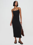 front view of model wearing Princess Polly Elestria Maxi Dress Black Scoop Neck 