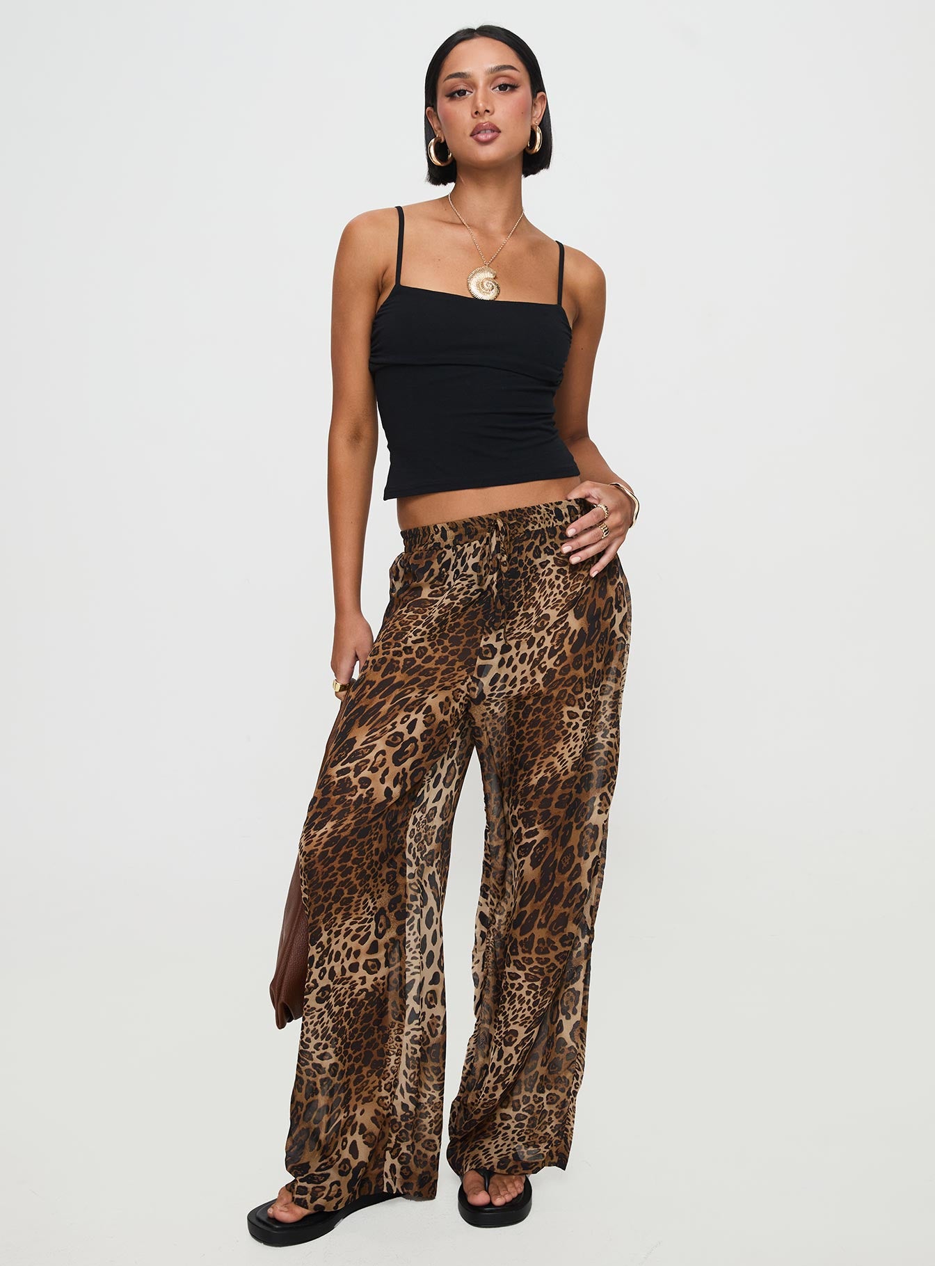 front view of model wearing Princess Polly Fyre Wide Leg Pant Leopard Petite Low Rise Pants 
