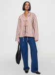 front view of model wearing Princess Polly Spiri Shirt Pink Stripe Full Sleeves V-Neck 