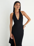 front view of model wearing Princess Polly Guisefene Halter Maxi Dress Black V-Neck 