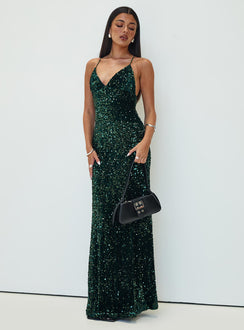 front view of model wearing Princess Polly Charlette Sparkle Maxi Dress Dark Green V-Neck 