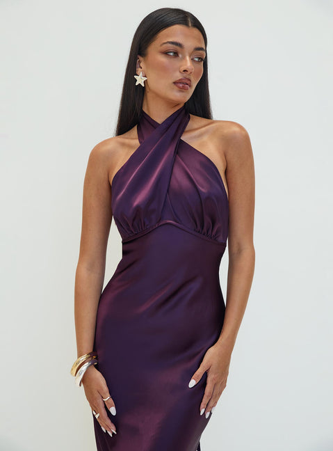 side view of model wearing Princess Polly Rosaminta Halter Maxi Dress Plum Petite High Neck 