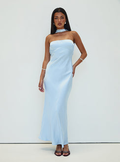 front view of model wearing Princess Polly Legacies Strapless Maxi Dress Icy Blue Petite Straight Neck 
