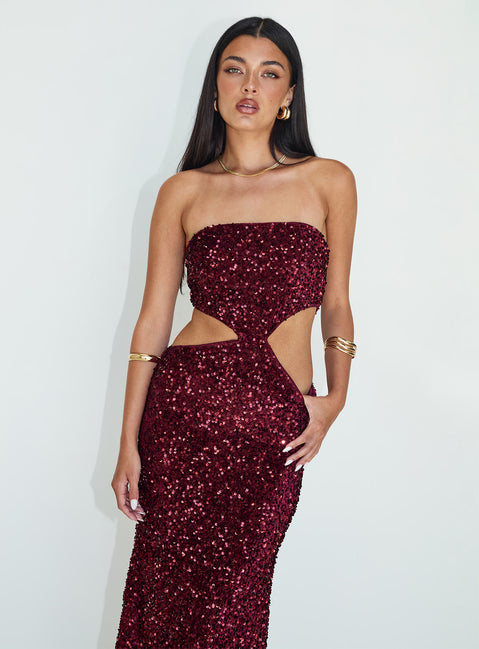 back view of model wearing Princess Polly Regalia Strapless Maxi Dress Burgundy Straight Neck 
