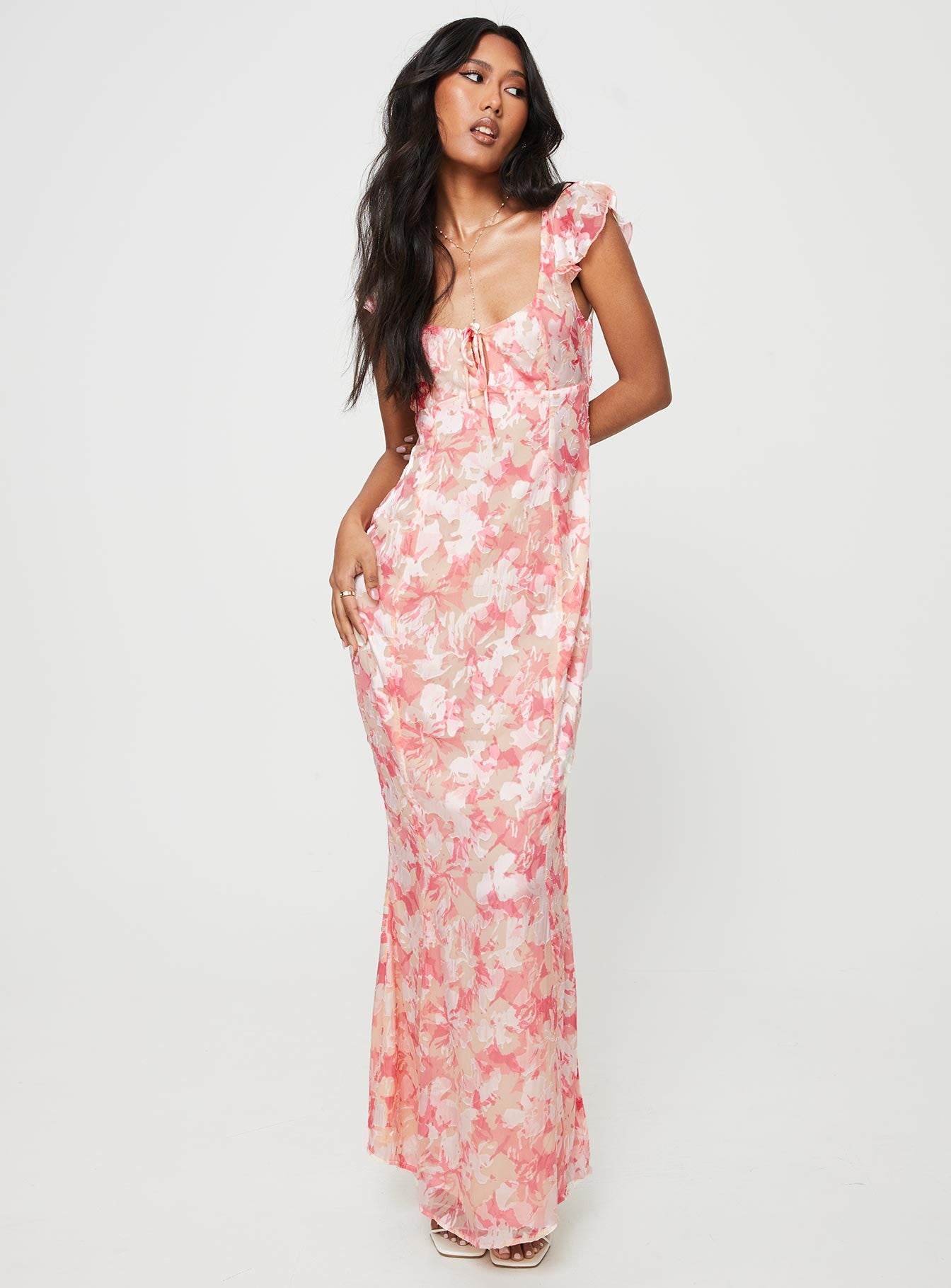 Front view of model wearing  front Princess Polly Sweetheart Neckline  Julianne Flutter Sleeve Maxi Dress Pink Multi