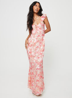 Front view of model wearing  front Princess Polly Sweetheart Neckline  Julianne Flutter Sleeve Maxi Dress Pink Multi